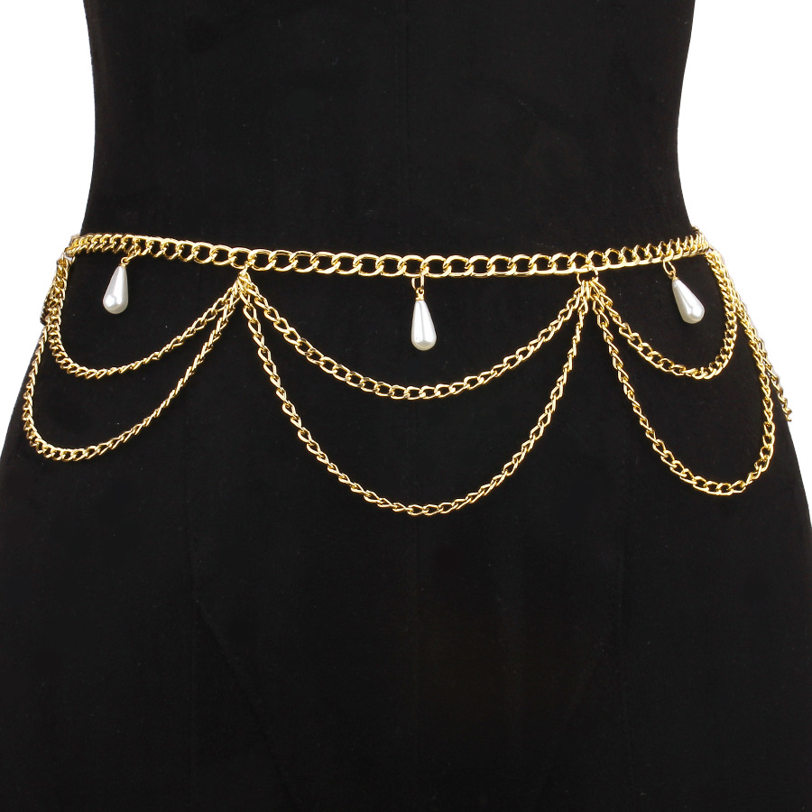 Picture of European and American cross-border punk hip hop multi-layer exaggerated body chain female creative personality imitation pearl pendant waist chain wholesale
