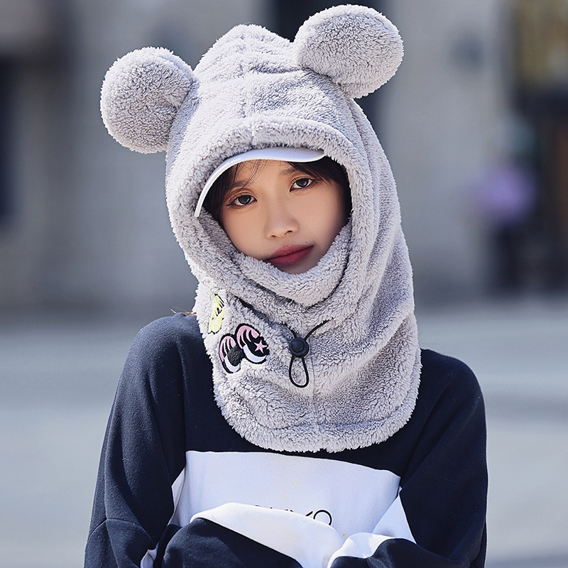 Picture of Winter Warm Series Cute Bear Hat Mask All-in-One Women's Ear Protector Cycling Warm Ski Helmet plush Hat