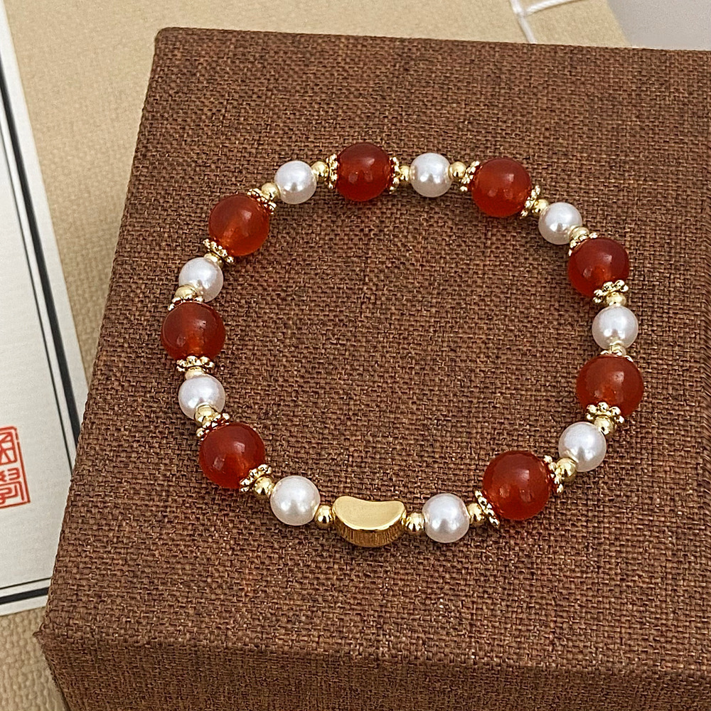 New Year Red Light Luxury Natural Stone Red Agate Pearl Beaded Bracelet Copper Plated Real Gold Bean Chain Elastic