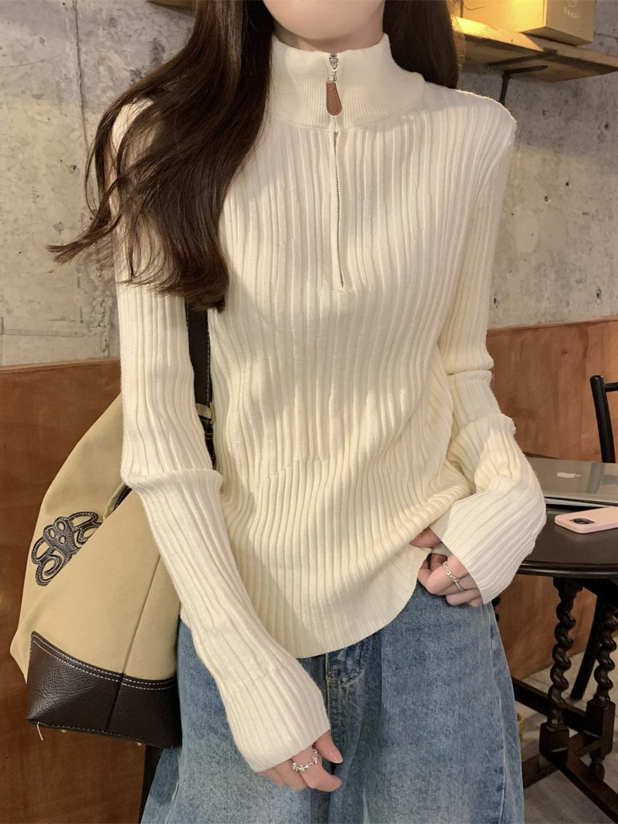Zipper Half High Collar Knitted Base Shirt Women's Autumn Western-style Slim-fit Inner Sweater Slim-fit Chic Short Top