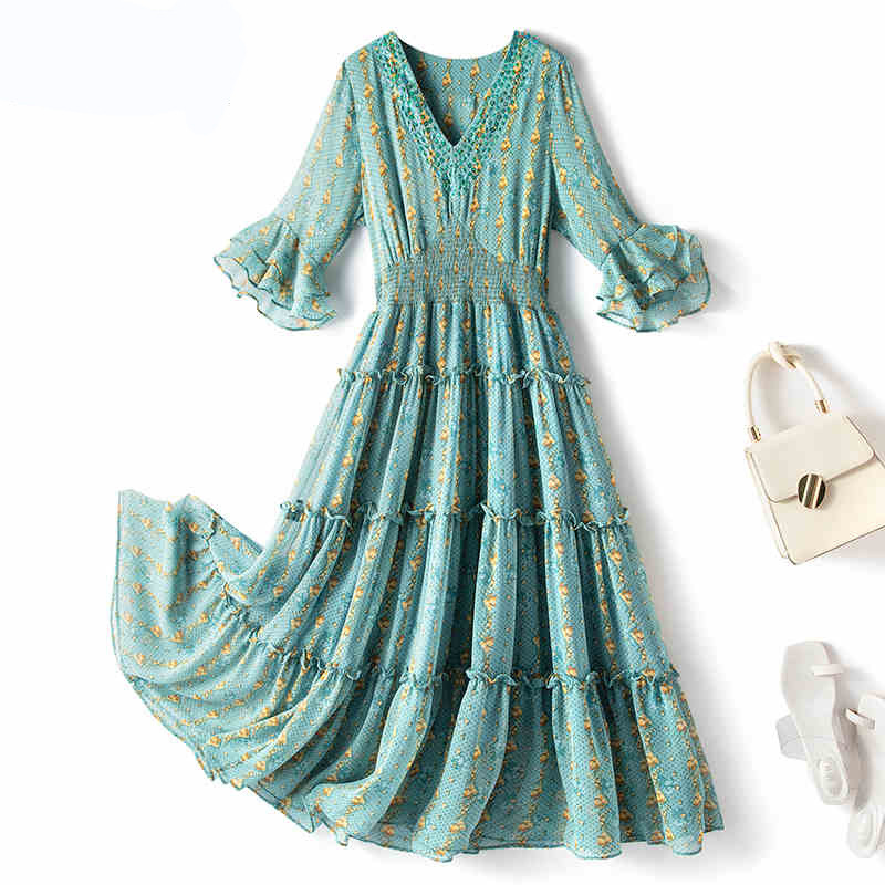 Spot Summer New Large Size Chiffon Dress Elegant Chubby Sister Printed V-Neck Long Dress for Chubby Girls Ruffle Sleeve Skirt