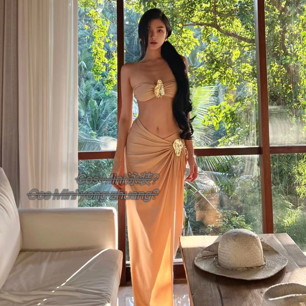 Source manufacturers light gold strapless bikini thousand gold style high split dress island goddess swimsuit women