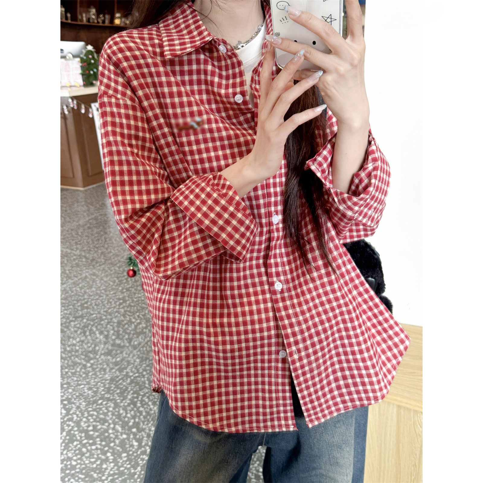 Red Embroidered Plaid Shirt Women's 2025 Spring New Arrival Small Fashionable Stylish Casual Shirt Jacket