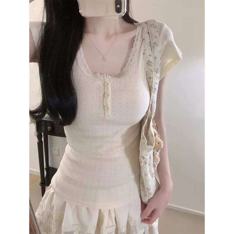 Cross-border Factory Xiyin Jacquard Sweet Lace Stitching Design Short-sleeved T-shirt Women's Pure Desire Top Taobao