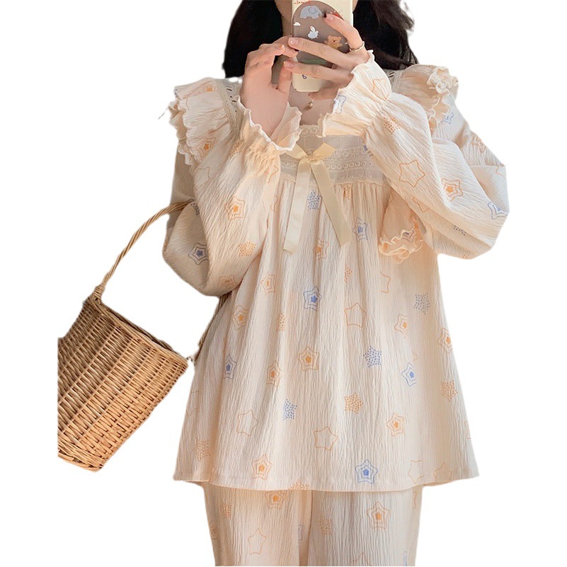 Pajamas women's long-sleeved spring and autumn sweet cute princess style bubble cotton lace ins home wear suit student