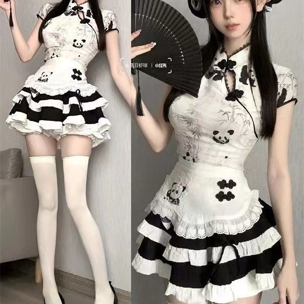 Cute Girl's New Chinese Style Panda Print Top High Waist Slimming Fluffy Cake Skirt Maid Apron Suit