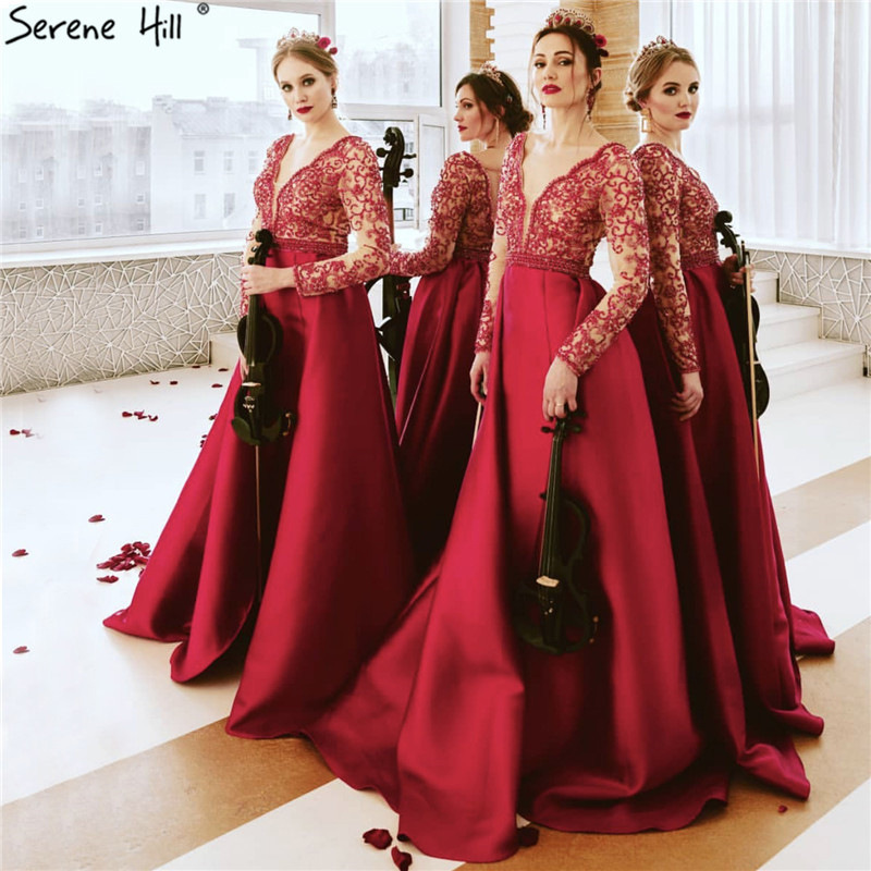 Rose red beaded long sleeve satin socialite high-end elegant slim host performance wedding evening dress LA6312
