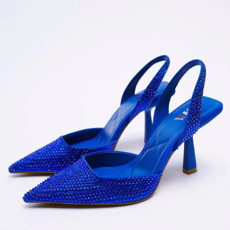 ZA2022 autumn new spring and autumn sandals women's high heels pointed toe back empty high heel colored diamond bright Muller women's shoes