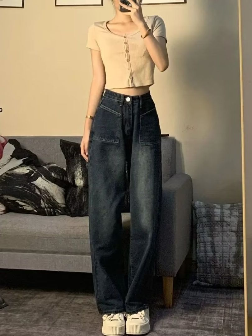 Blue Wide Leg Jeans Women's Autumn Niche Design Ins Trendy High Waist Slimming Straight Drain Trousers