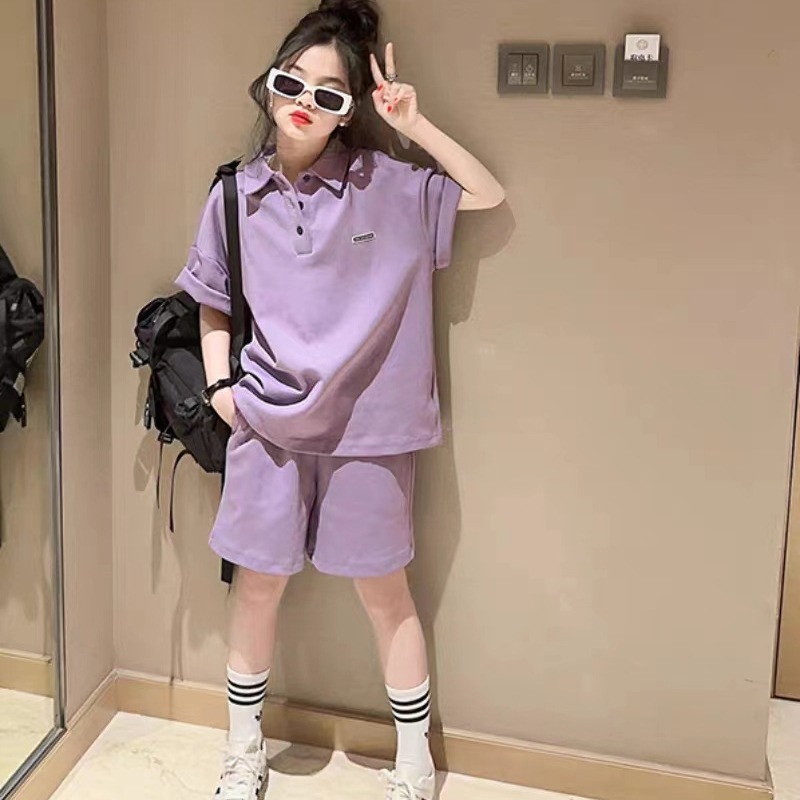 Girls Summer Suit 2025 New Style Kidsren's Fashionable Summer Short-Sleeved Polo Shirt for Older Girls Sports Summer Style