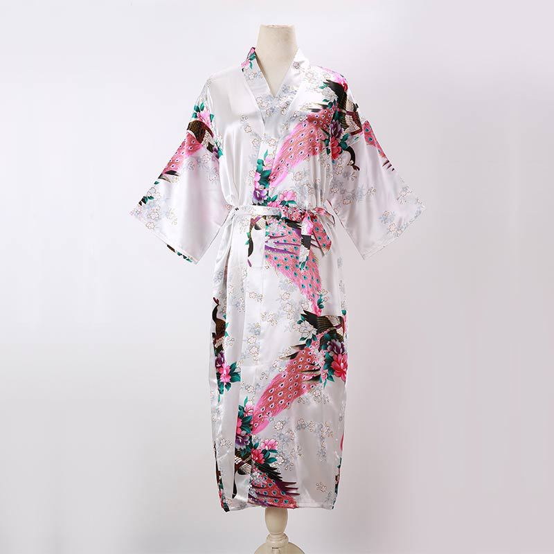 Picture of Women's Sexy Long Pajamas Summer Kimono Robe Thin Peacock Print Bathrobe Imitation Silk Kimono Nightgown Foreign Trade