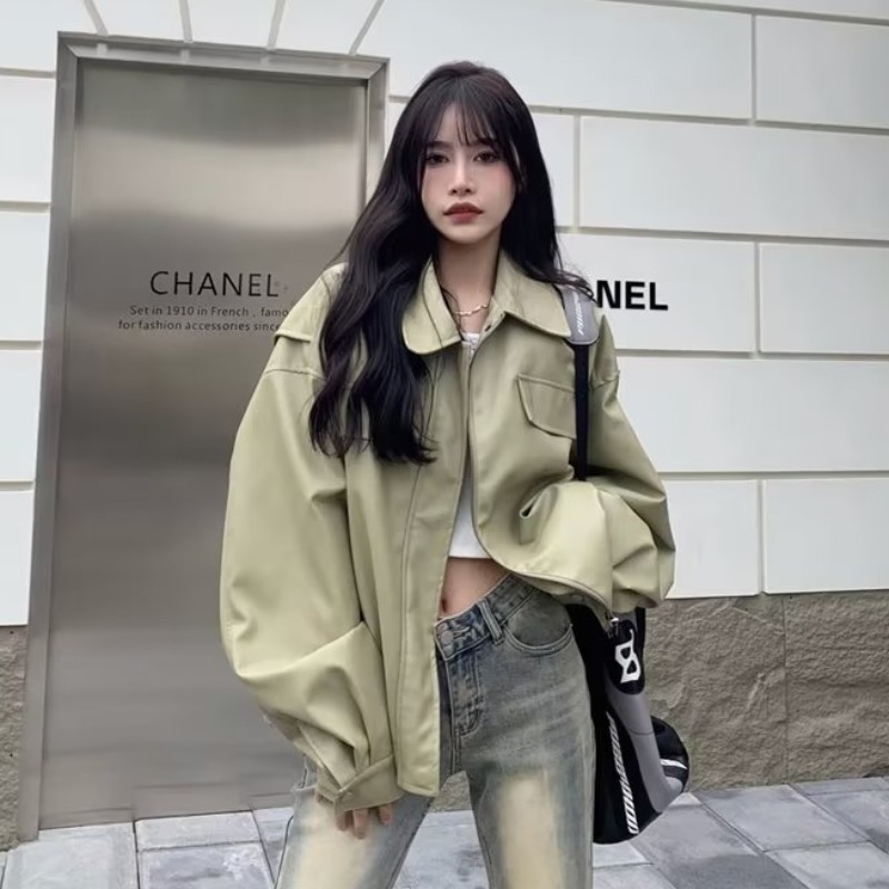 Cross-Border American Retro Hong Kong Style Chic Outwear for Women 2023 Early Spring Pu Leather Jacket Korean Style Top Work Clothing