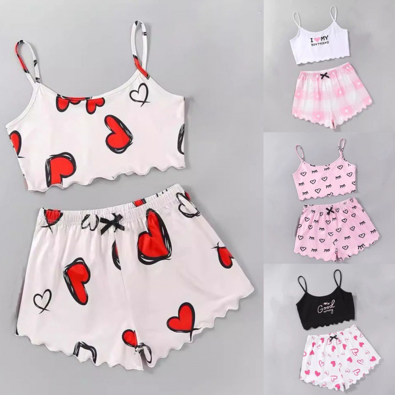 European and American Cross-Border Thin Sleeveless Vest Halter Top Shorts Home Clothes Two-Piece Suit Printed Pajamas for Women Paja