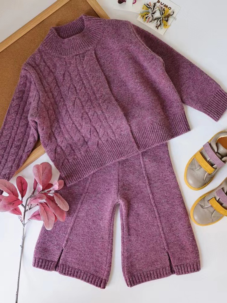 Picture of Korean version of children's clothing autumn and winter foreign style new girls retro temperament fashion solid color knitted sweater wool pants suit fashion
