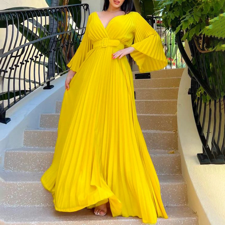 European and American Women's Clothing Amazon New V-neck Sexy Pleated Large Swing Dress Long Dress Cross-border dress