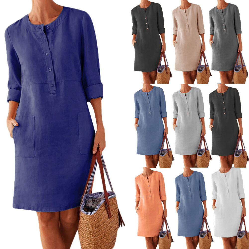 Amazon autumn and winter plus size cotton linen dress Europe and the United States long long sleeve shirt skirt wish explosions women's clothing
