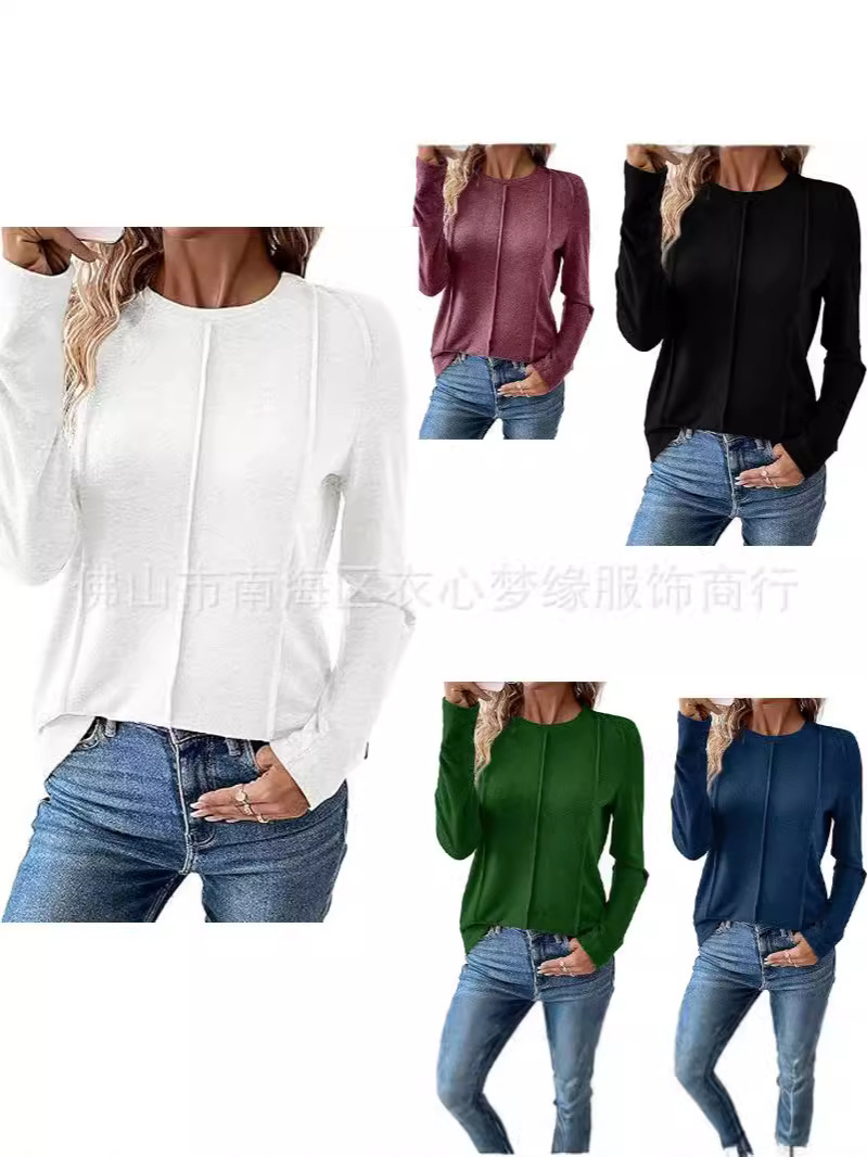 2024 Amazon Cross Border Women's T-Shirt Fashion Casual Long Sleeve Top Crewneck Pleated Knitted Solid Color Loose