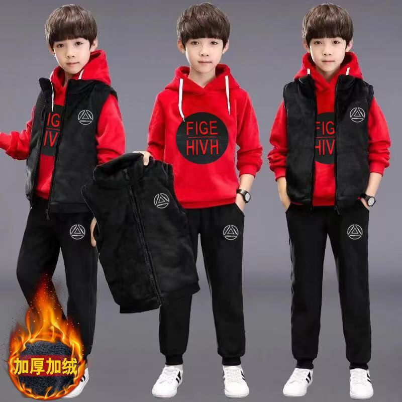 Boys suit New Handsome Thickened Teenager fleece-lined Golden Velvet Autumn and Winter Boys Casual suit Three-piece Set