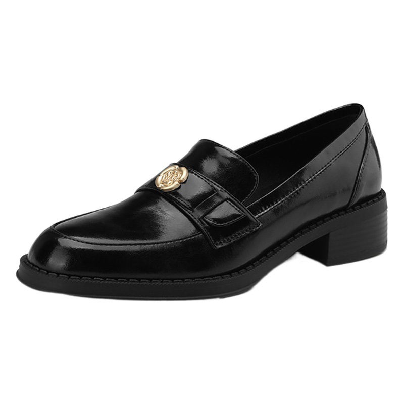 Paris on the left bank ~! Chunky heel British gold buckle loafers women's small leather shoes patent leather black single-layer shoes