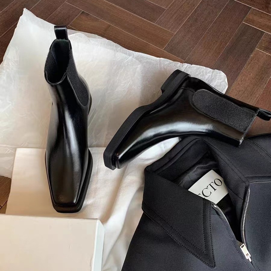 Grape Mom's Same Style British Style Square Toe Chelsea Boots Thick Heel Thick Sole Genuine Leather Short Boots for Women 2025 Autumn and Winter