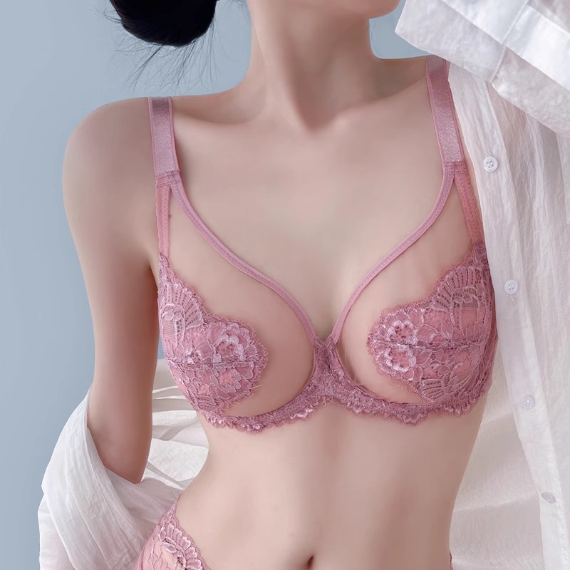 Pink Underwear Women's Thin Large Chest Small Chest suit Gathering Full Cup Breast Anti-sagging Ultra-thin Bra
