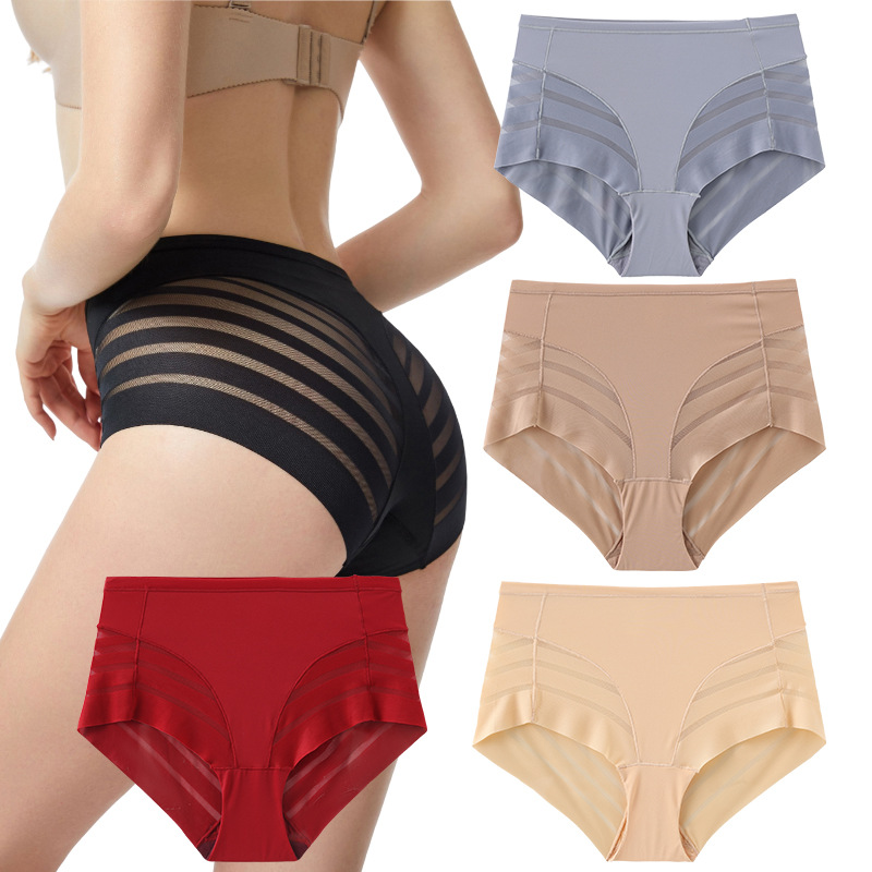 Picture of Explosions Mid-waist Briefs Belly-tight Waist-lifting Hip Transparent Mesh Striped Comfortable Cotton Crotch Large Size Panties