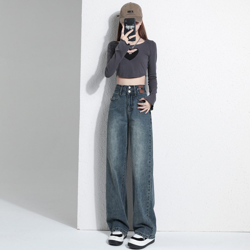 Picture of High Waist Wide-leg Pants Fleece-lined Jeans Women's Spring and Autumn 2023 New Style Small Straight-leg Pants Loose Pants Winter