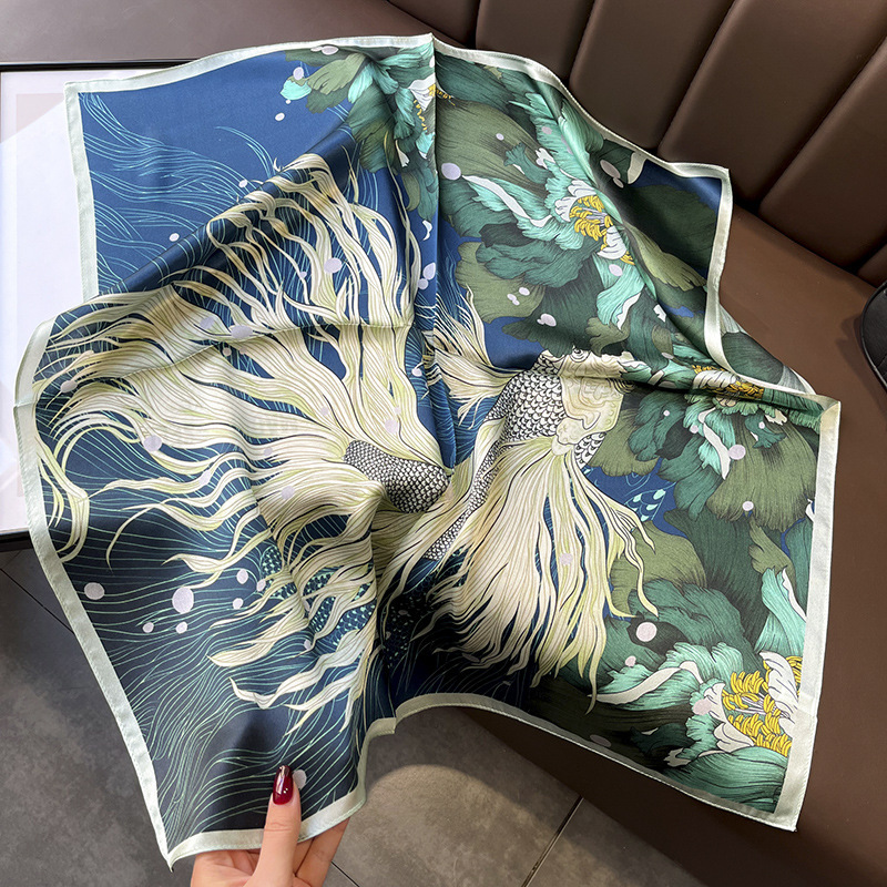 Picture of Spring and Autumn Thin Japanese and Korean Sweet Champagne Color Small Floral Silk Mulberry Silk 70cm Square Scarf Silk Scarf Hair Band Headwear Women