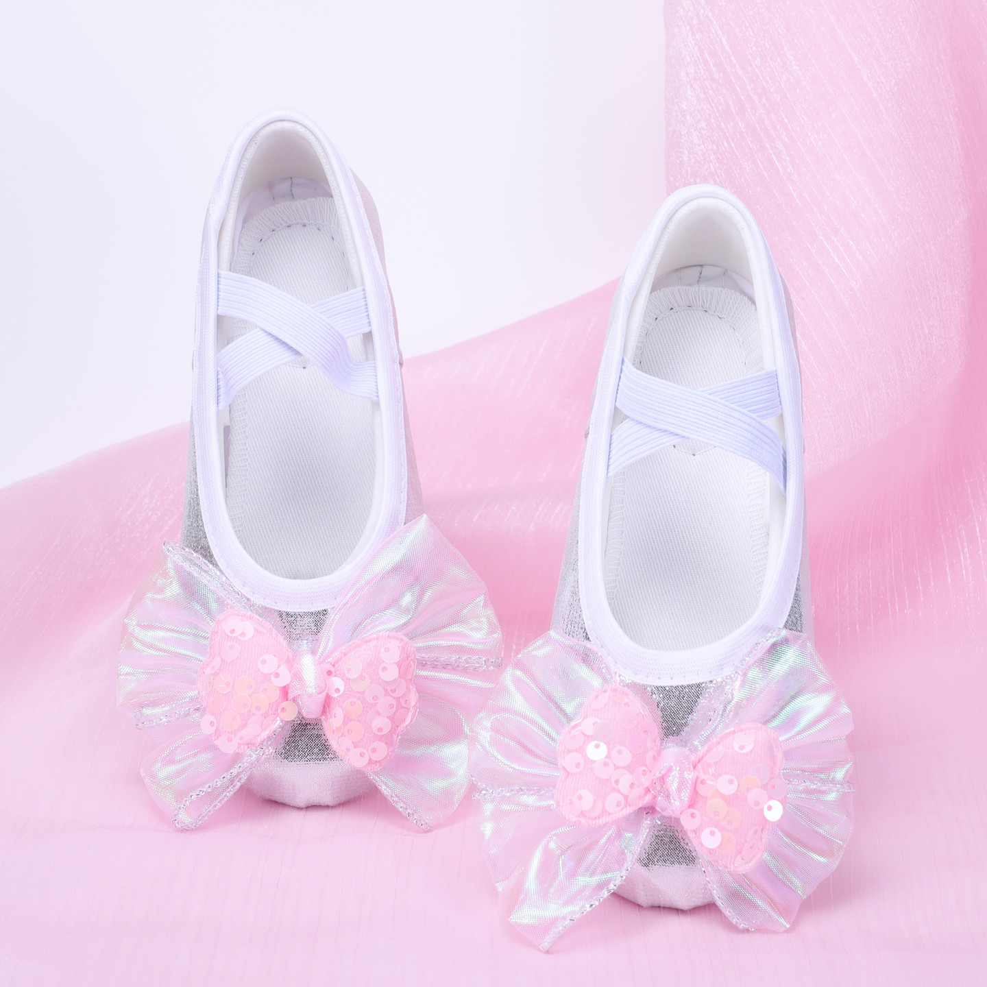 Elegant Ballet Dance Shoes for Girls, Practice Dance Shoes, Soft Sole Cat Claw Shoes, Bow Silver 8030