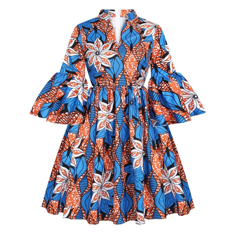 2021 Africa New Digital Printing Women's Autumn Dress Seven-point Lotus Leaf Sleeve Small V-neck dress in stock Wholesale