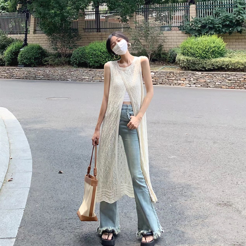French style hollow-out vest skirt ice silk sweater women's summer thin outer blouse design sense niche overwear top
