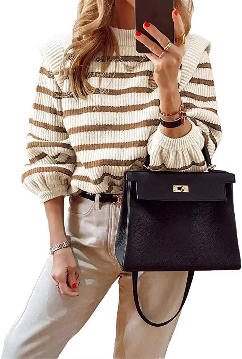 Picture of Aliexpress New 2025 Women's Fashion Striped Round Neck Puff Sleeve Sexy Knitted Sweater