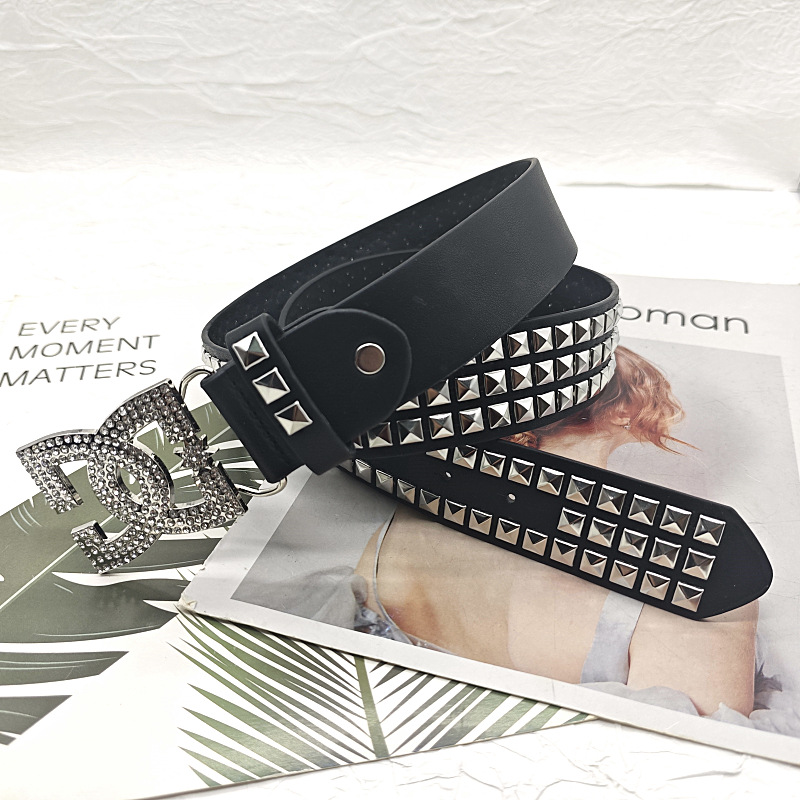 American vintage y2k wide belt female design sense niche personality hot girl double C decoration rhinestone three-row studded trouser belt