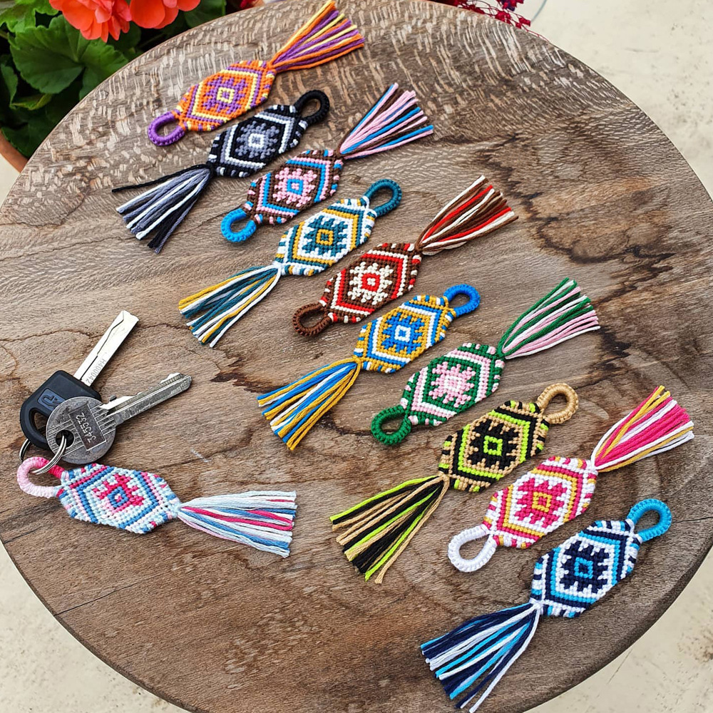 Anti-losing eye pattern tassel rhombus ethnic style mixed color cotton thread hand woven key pendant bracelet accessories