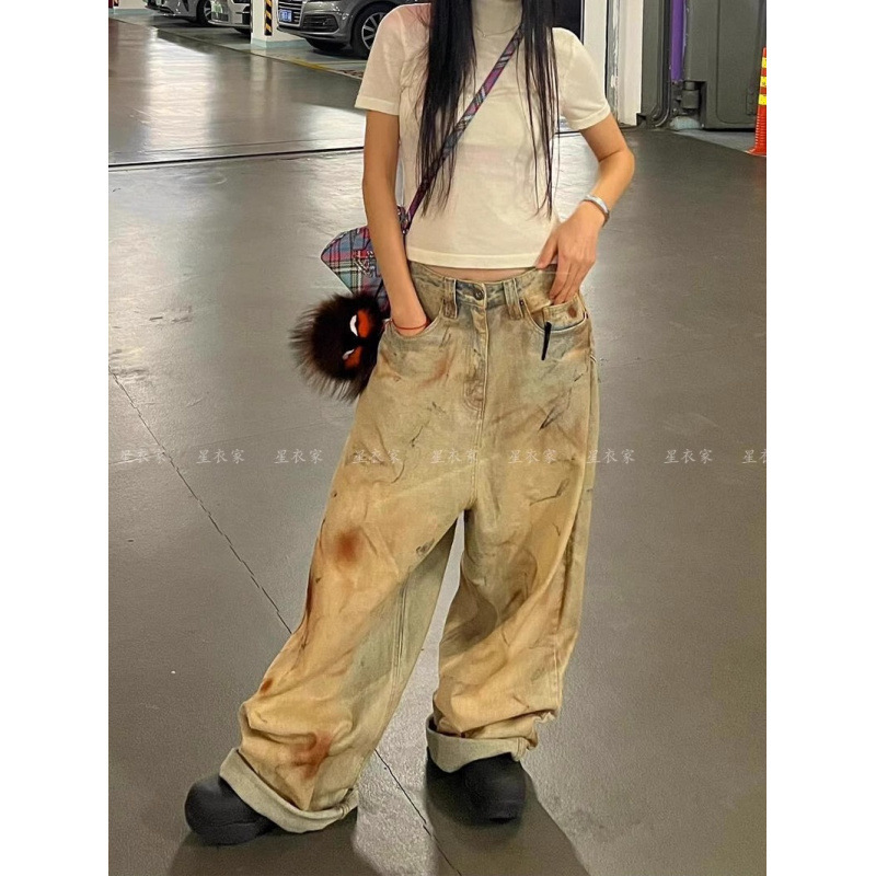 2024 American Style Vintage Retro Washed Dirty Dye Jeans Women's Spring and Autumn New Arrival Waste Earth Style Wide Leg Lengthened Pants