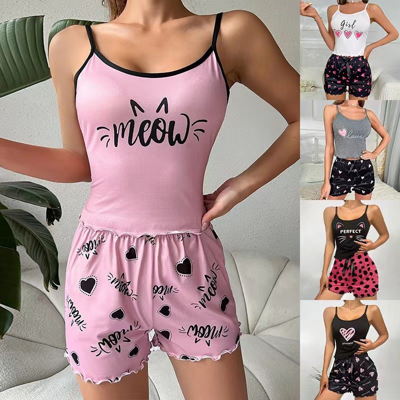 temu cross-border summer sexy pajamas women's sleeveless suspenders shorts home clothes suit milk silk home clothes