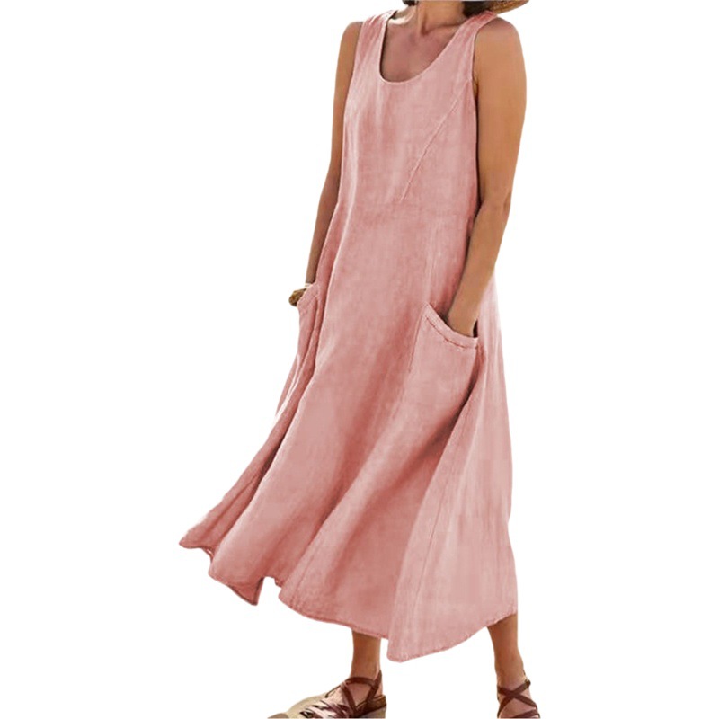 Amazon Aliexpress Summer European and American Foreign Trade Cross-Border Sleeveless Women's Cotton and Linen Dress with Elegant Temperament
