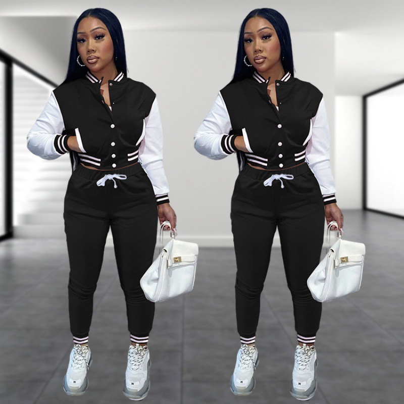 European and American Amazon Explosions Women's Stitching Jacket Single-breasted Baseball suit Women's Clothing Sports Two-piece Set