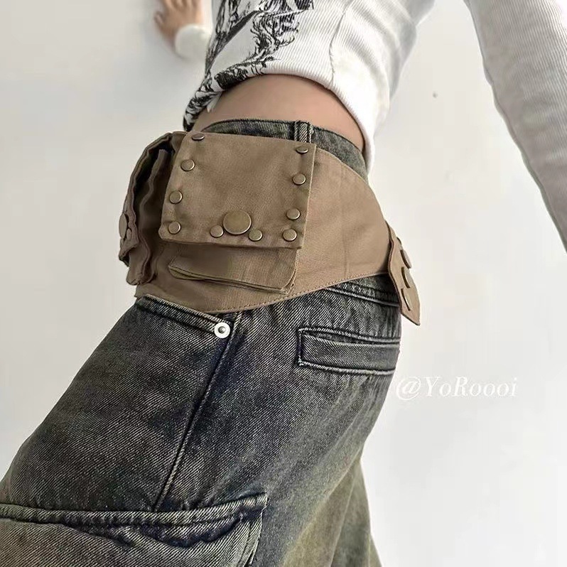 Niche Retro Hippy Style Tooling Pocket Waist Bag Rivet Wide Belt Tribal Style Decorative Trouser Belt for Women