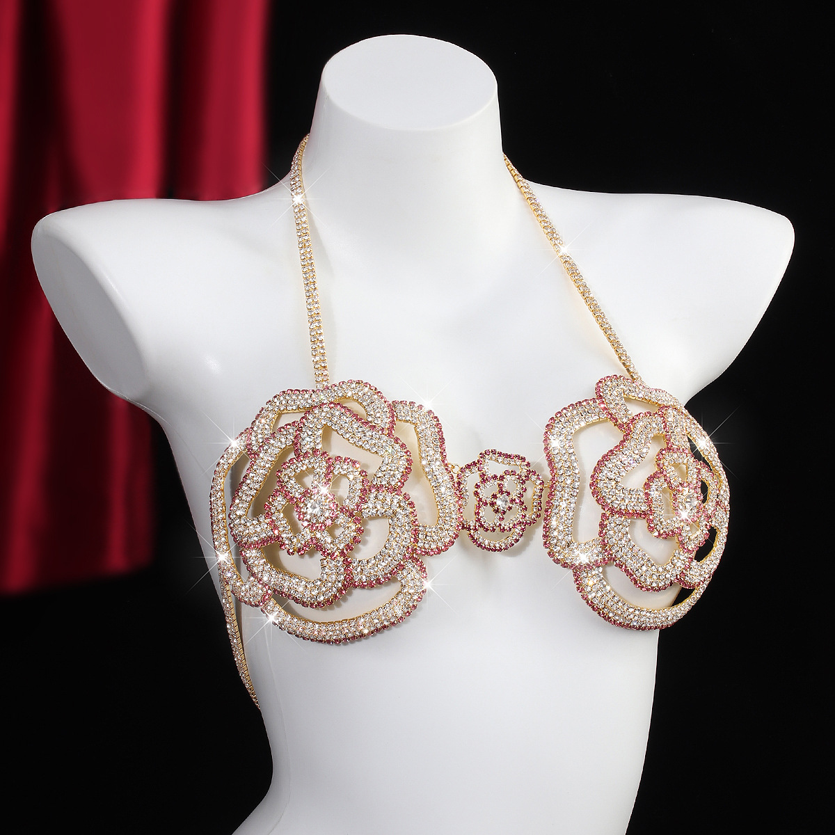 Personality Exaggerated Full Diamond Rose Body Chain Accessories Women's European and American Style Sexy Bikini Rhinestone Bra Decorative Chain