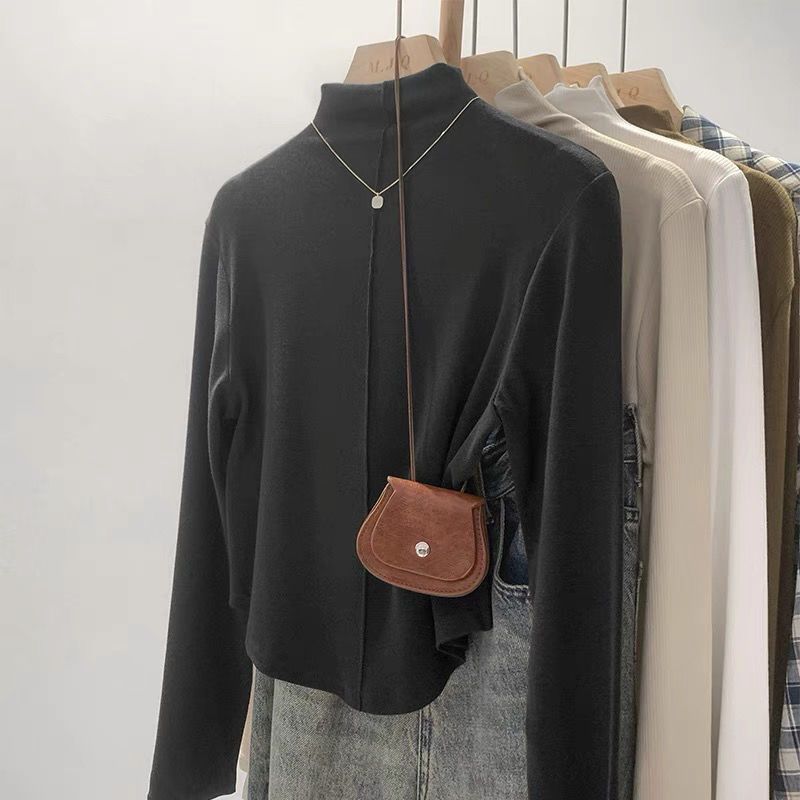 Super soft waxy double-sided velvet bottoming shirt women's autumn and winter new high-end sense inner warm half-high collar fleece-lined top
