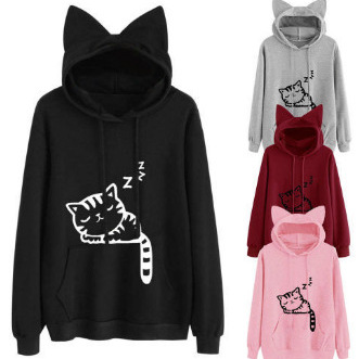 AliExpress Hot Autumn Loose Fleece Printed cat cat Hooded Sweater