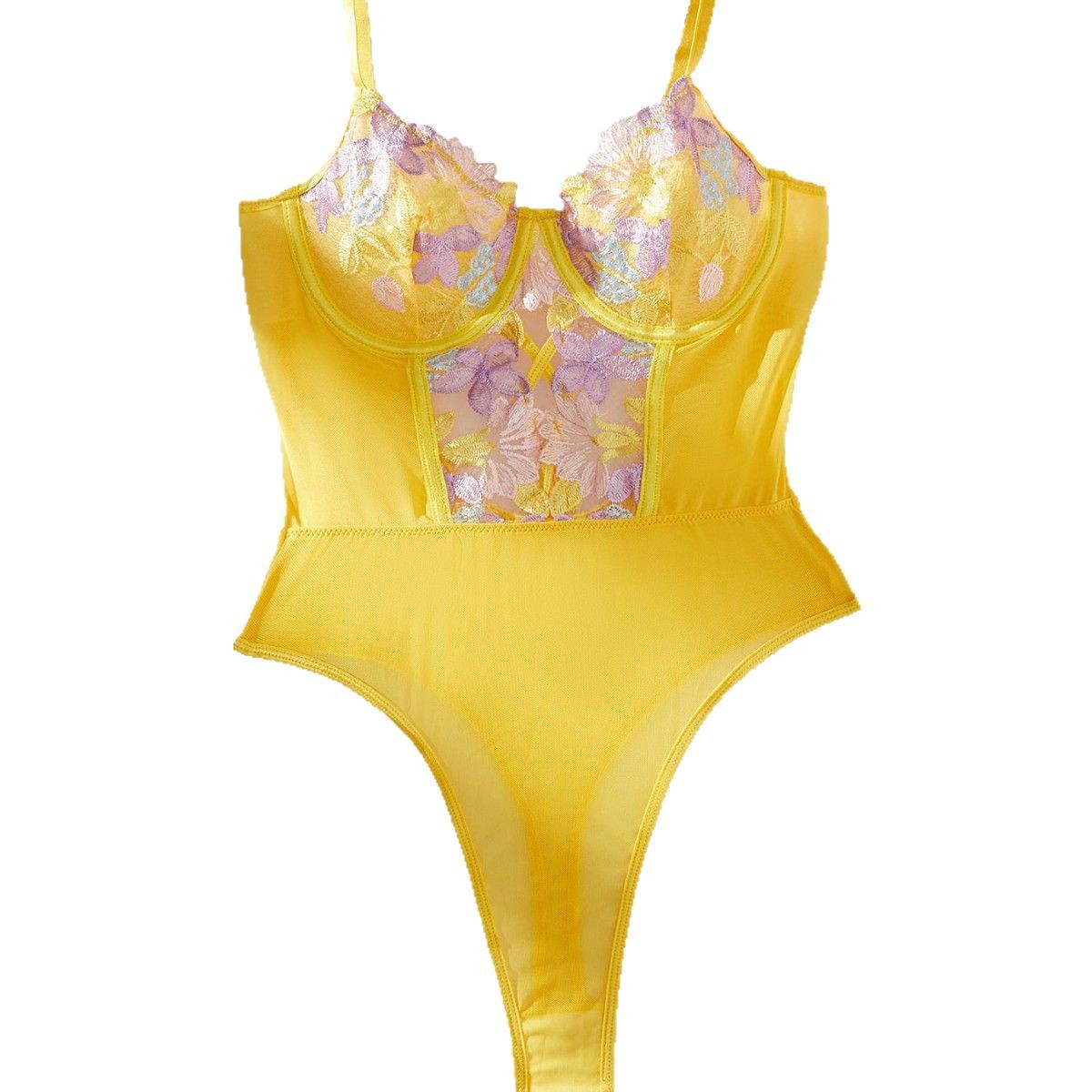 Picture of Comfortable Golden Yellow Embroidered Jumpsuit with No Crotch Opening at the Bottom, Made of Polyester Fiber, Slim Fit
