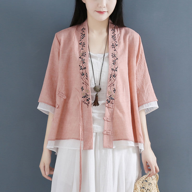 Picture of Cotton and Linen Half Sleeve Shirt Women's 2024 Summer New V-Neck Embroidered Artistic Complex Elegant Middle Sleeve Cardigan Shirt