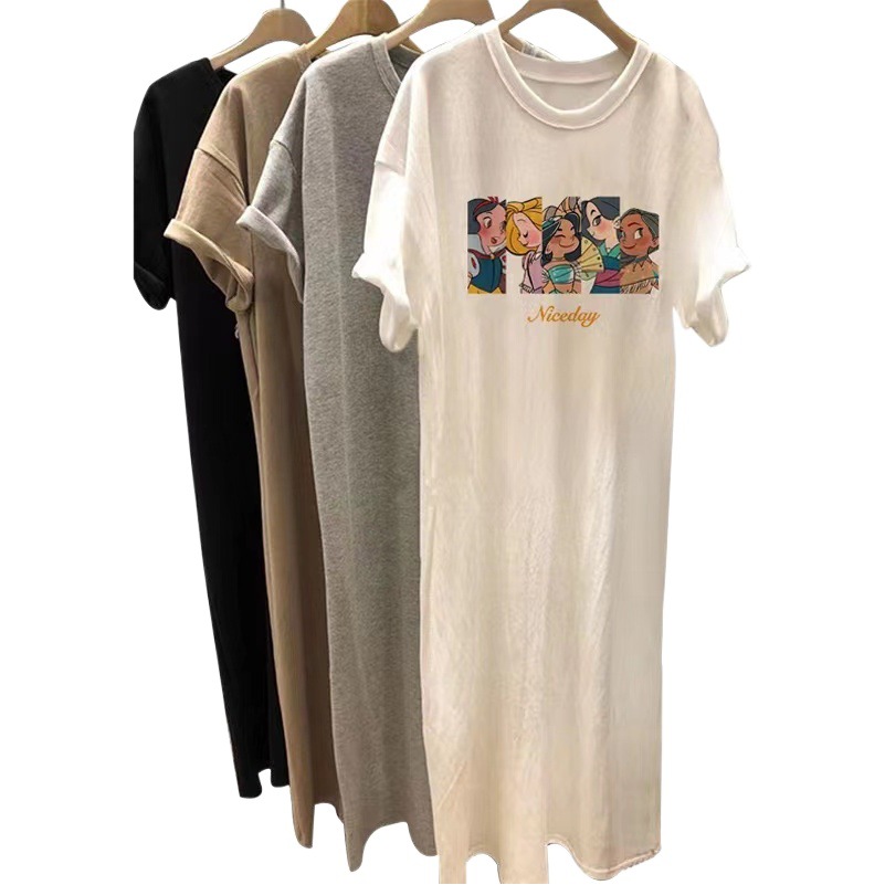Short-sleeved Women's Summer Loose Long T-shirt Over-the-knee Long Dress Student's Cartoon Printed ins Korean-style Lazy Dress