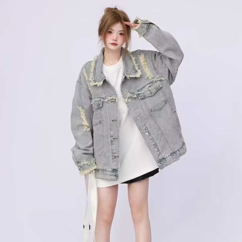 Cross-border Retro Fur Edge Old Ripped Denim Jacket Women's Spring and Autumn Loose Casual All-match Work Jacket Trendy Top