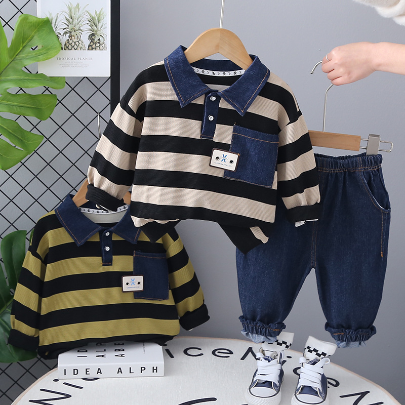Children's Wear Boys Spring and Autumn Fashionable suit 2025 New Children's Stylish Denim Lapel Striped Sweat Two-Piece Set