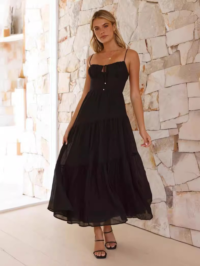European and American women's new dress 2024 stitching sling long backless lace-up large pendulum dress foreign trade explosions