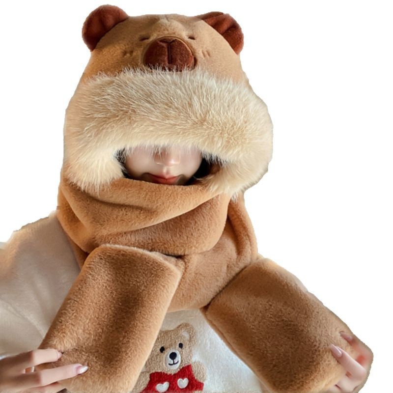 Picture of Loveable Capibala Hat Scarf Three-piece Set Women's Autumn and Winter Cartoon Plush Capybara Warm Windproof Scarf