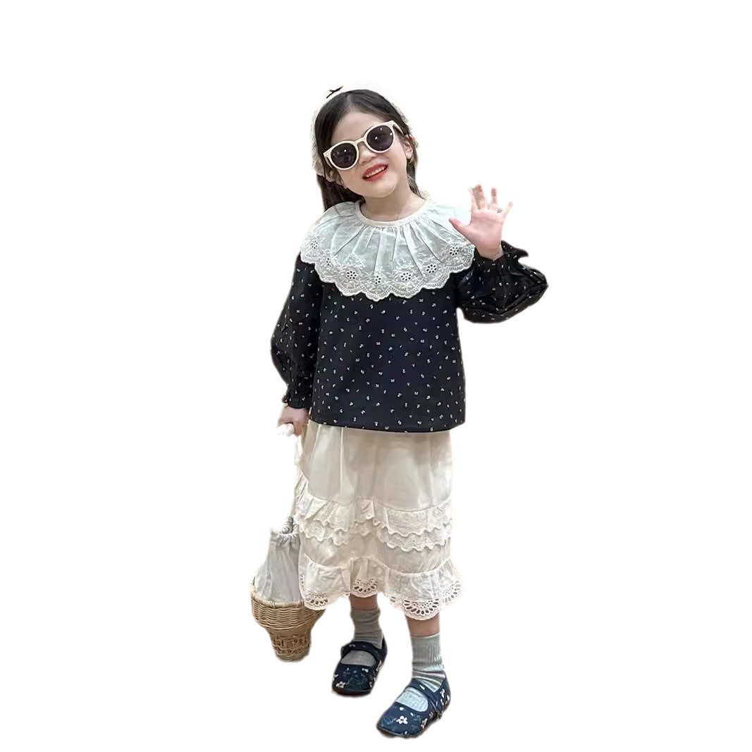 Picture of Girls Korean Style Shirt 2024 Autumn Lace Collar Black Bottom Floral Doll Collar Shirt Lace Skirt